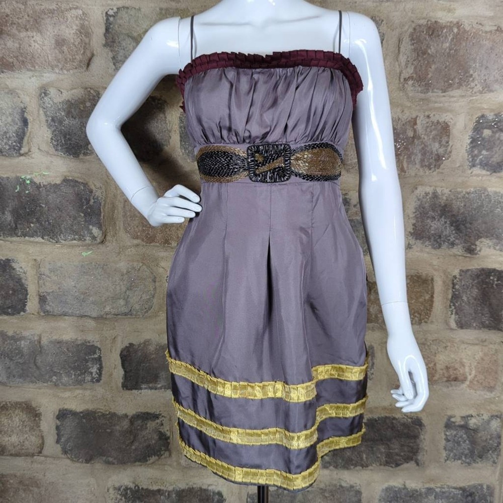 Twelve by Twelve Couture 2007 Silk Mini Dress Beaded Waist Taupe Gold Small